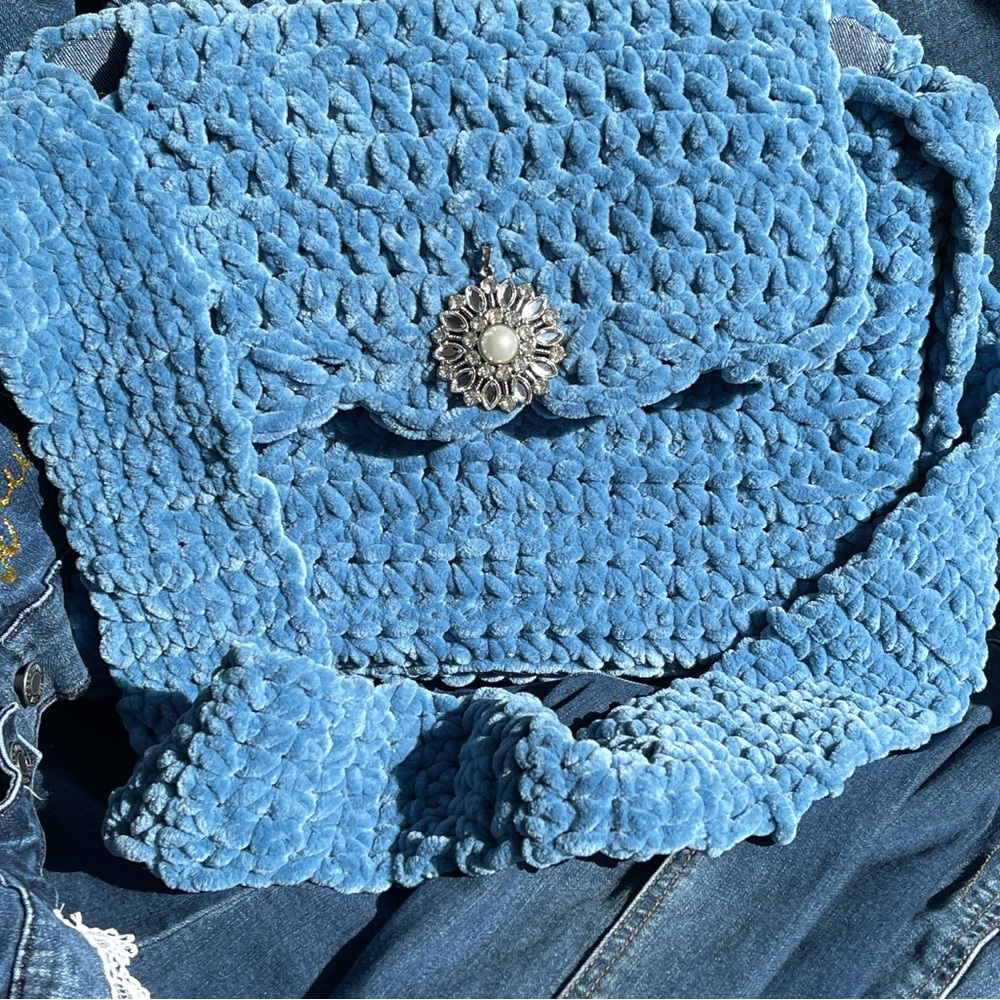 BlueJeanBaby211 are 1 if a kind handmade bags of crocheted velour and jeans